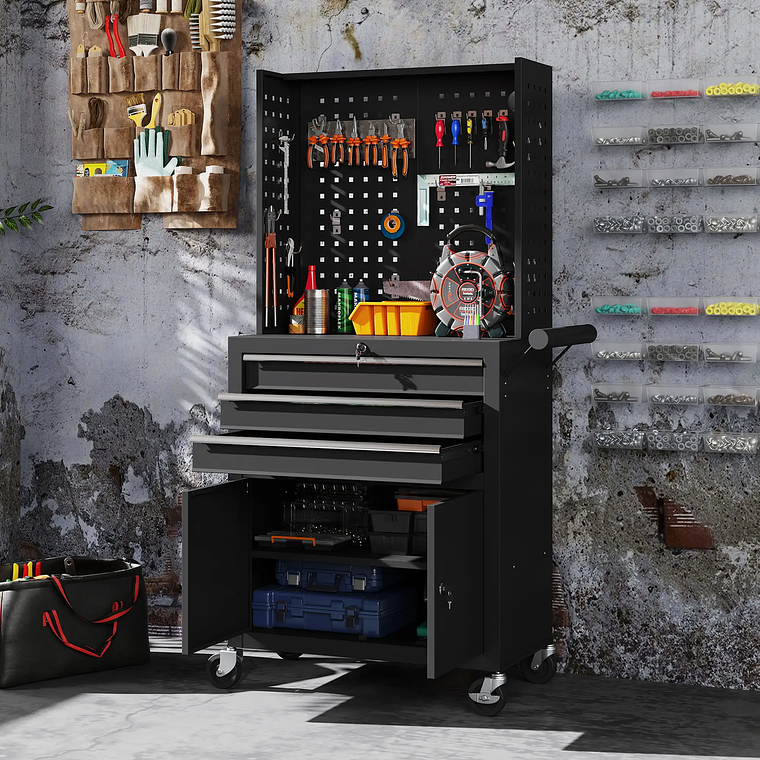 HOMCOM Tool Cart with 3 Drawers, Perforated Panel and Lock - Mobile Organizer with Adjustable Shelf and 2 Wheels, for Workshop or Garage 2