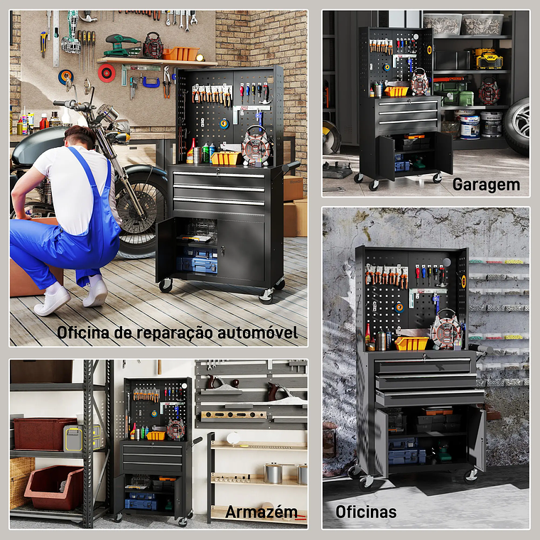 HOMCOM Tool Cart with 3 Drawers, Perforated Panel and Lock - Mobile Organizer with Adjustable Shelf and 2 Wheels, for Workshop or Garage 3