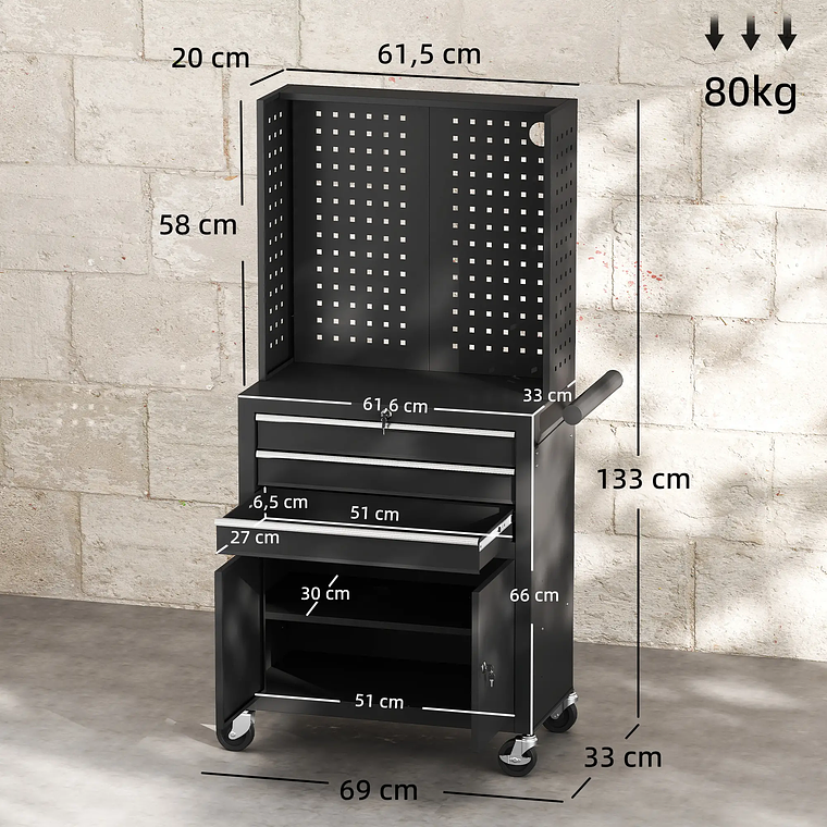 HOMCOM Tool Cart with 3 Drawers, Perforated Panel and Lock - Mobile Organizer with Adjustable Shelf and 2 Wheels, for Workshop or Garage 10