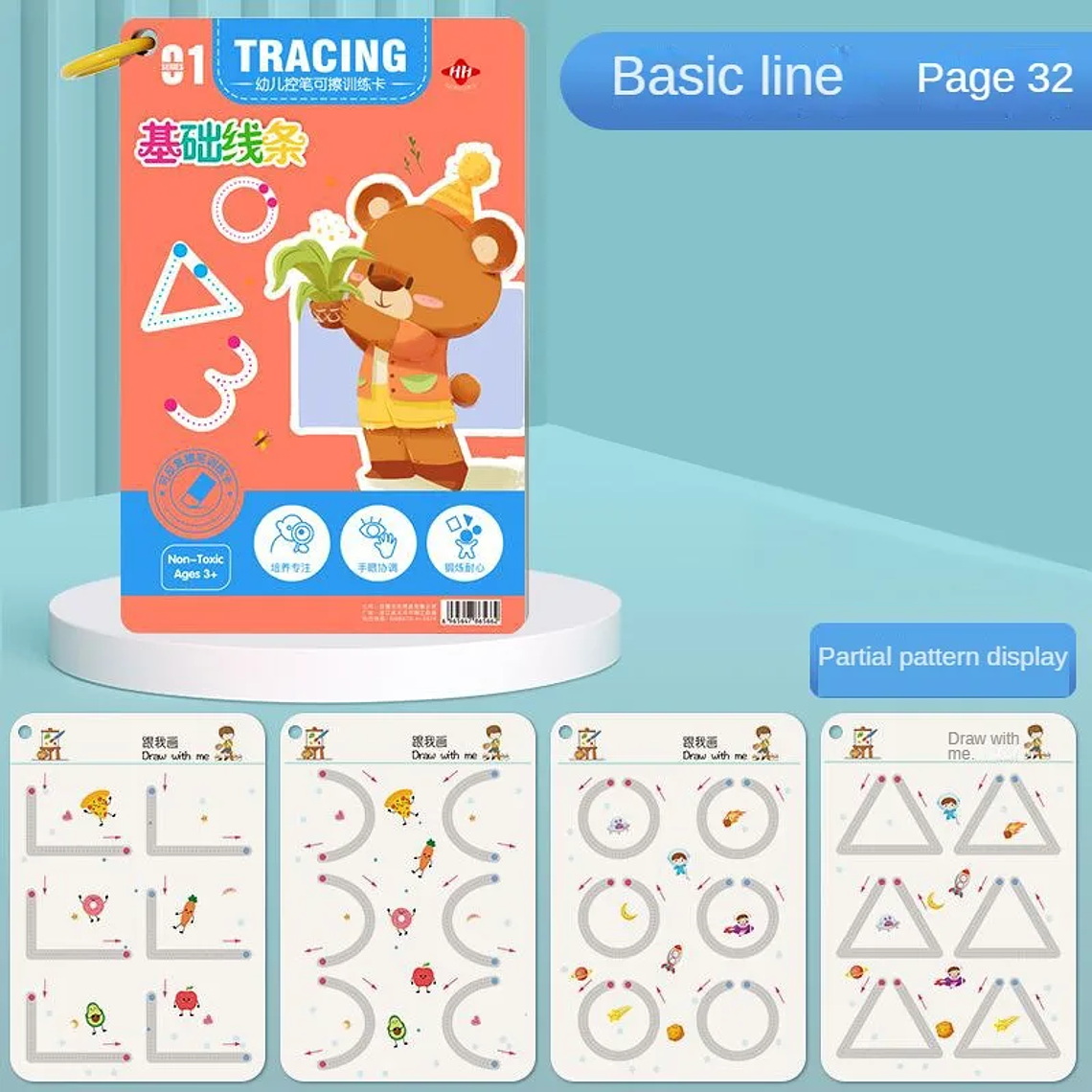 Livro de Treino de Pré-Escrita Mágico e Reutilizável | Exercícios de Controlo da Caneta para Crianças 3-6 Anos | Método Montessori 4