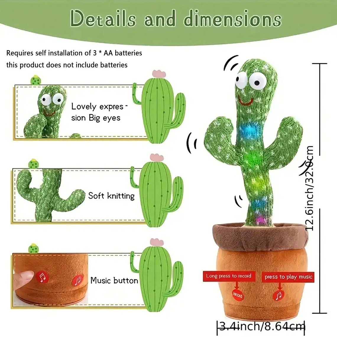 Interactive Dancing and Talking Cactus | Sing, Imitate Voices, Record, 120 Songs | Gift for Children 4
