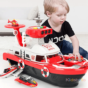 Navio Inercial com Pista e Sonorizado Kicala - Brinquedo Educativo com 3 Carros e Avião, Barco Modelo 46cm para Crianças
