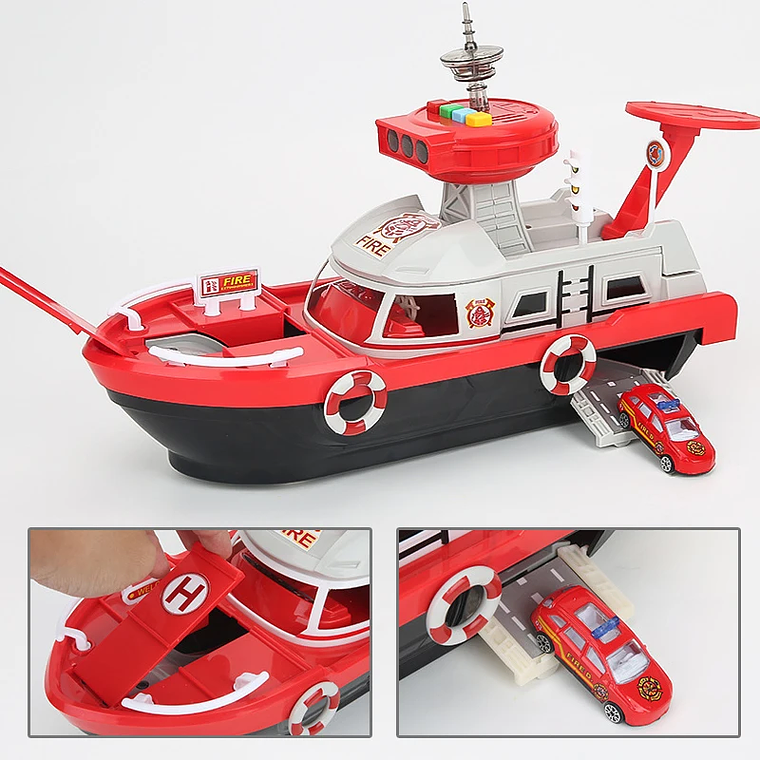 Navio Inercial com Pista e Sonorizado Kicala - Brinquedo Educativo com 3 Carros e Avião, Barco Modelo 46cm para Crianças 2