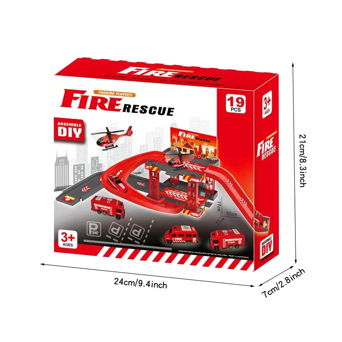 Kit Estacionamento com Carril e Veículos - Garagem, Carros de Bombeiro/Polícia e Dinossauros | Brinquedo de Simulação 10