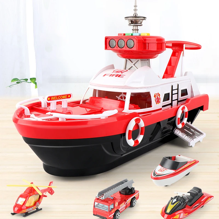 Navio Inercial com Pista e Sonorizado Kicala - Brinquedo Educativo com 3 Carros e Avião, Barco Modelo 46cm para Crianças 8