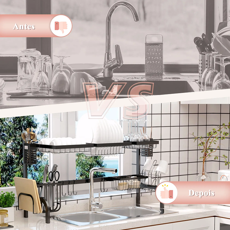 Escorredor de Louça Sobre a Pia 2 Níveis | Multifuncional com Prateleira, Suporte para Facas e Talheres | Aço Preto 100cm | Até 26kg 3