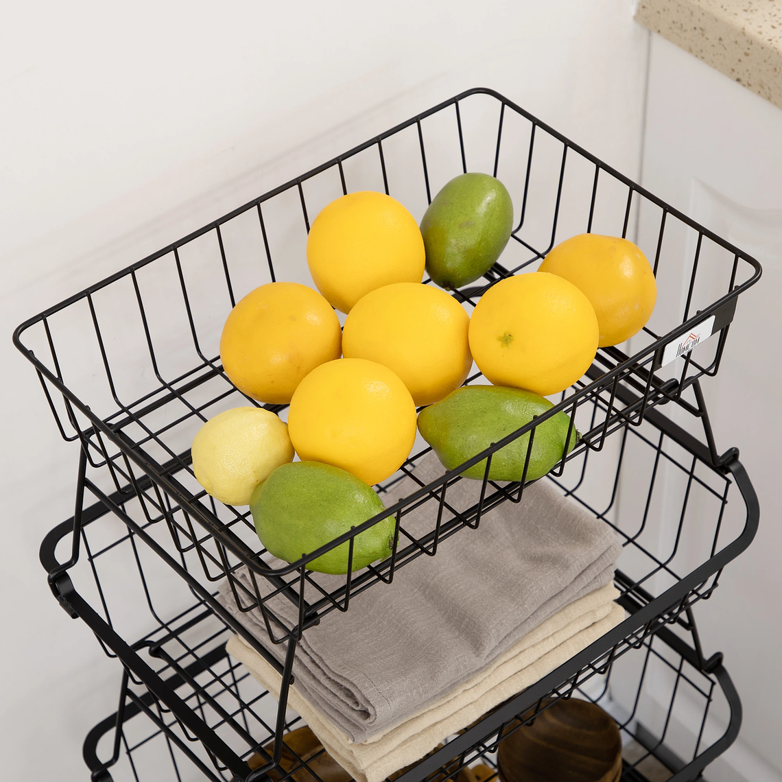 4-Tier Organizer Cart with Wheels and Brake | Stackable Multipurpose Fruit Basket for Kitchen, Bathroom, or Bedroom | Black Steel 97cm 6