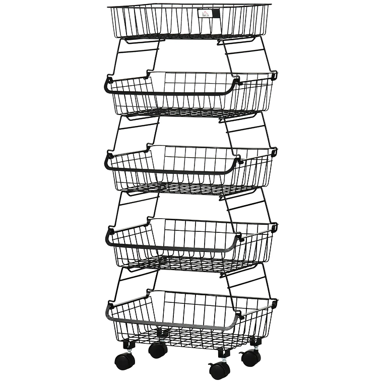 4-Tier Organizer Cart with Wheels and Brake | Stackable Multipurpose Fruit Basket for Kitchen, Bathroom, or Bedroom | Black Steel 97cm 8