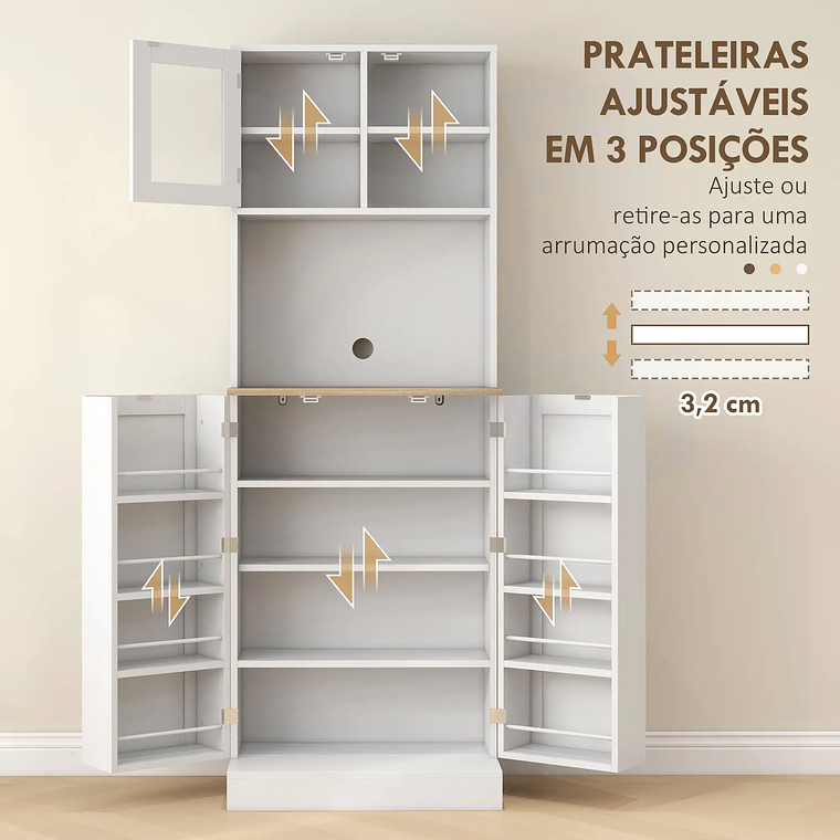 Armário Alto Despensa Cozinha 3 Portas | Com Prateleiras Ajustáveis, Vidro e Micro-Ondas | 169cm Branco & Madeira 9