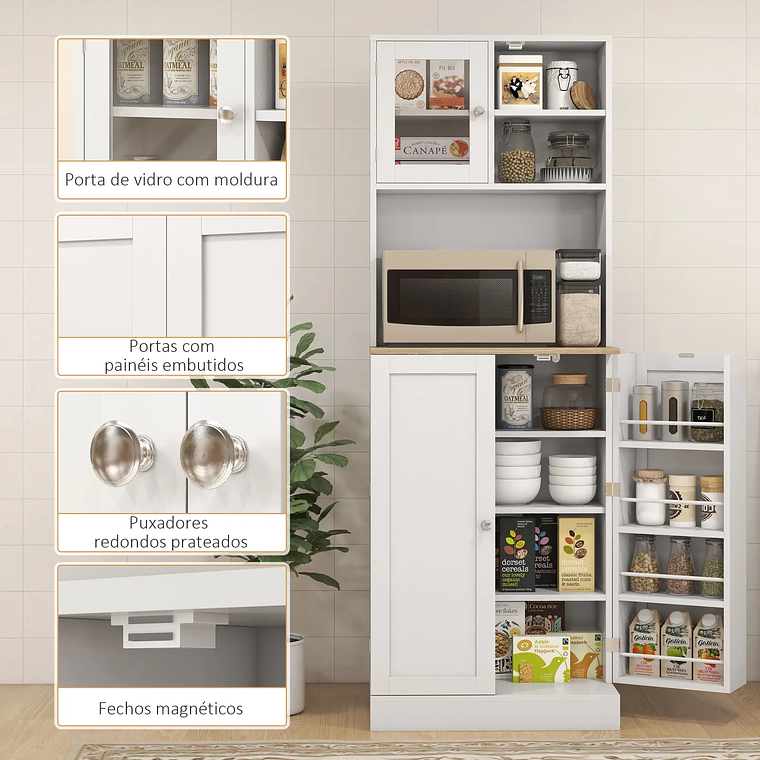 Armário Alto Despensa Cozinha 3 Portas | Com Prateleiras Ajustáveis, Vidro e Micro-Ondas | 169cm Branco & Madeira 3