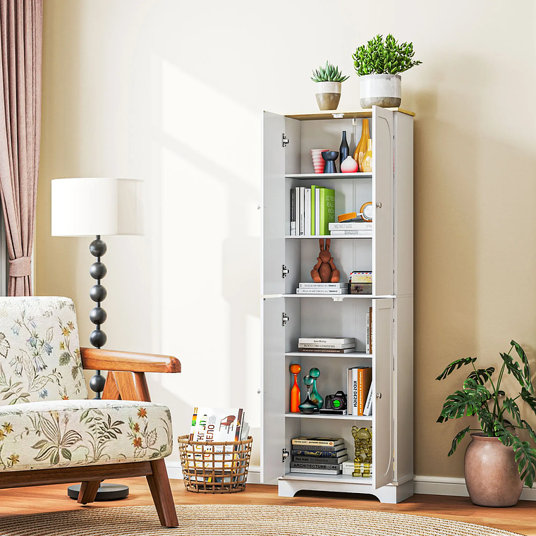 Armário Alto Despensa com Portas de Correr em Arco | Móvel Auxiliar Cozinha 4 Portas, Prateleiras Ajustáveis | 183cm Branco 2