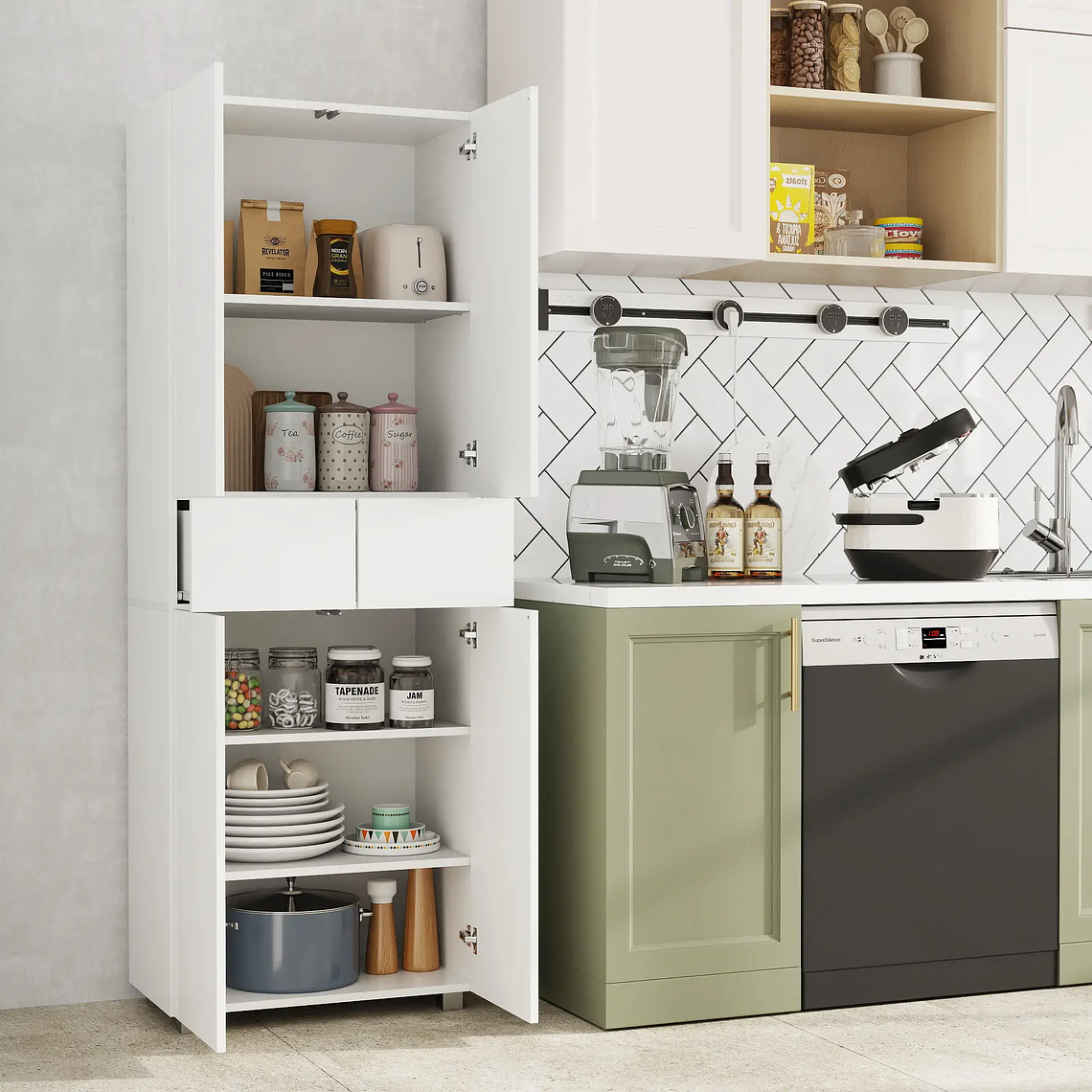 Kitchen Auxiliary Cabinet with 4 Doors and 2 Drawers | Push-Open System, Adjustable Shelves | 170cm Glossy White 1