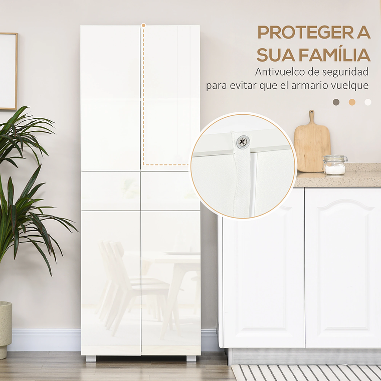 Kitchen Auxiliary Cabinet with 4 Doors and 2 Drawers | Push-Open System, Adjustable Shelves | 170cm Glossy White 9