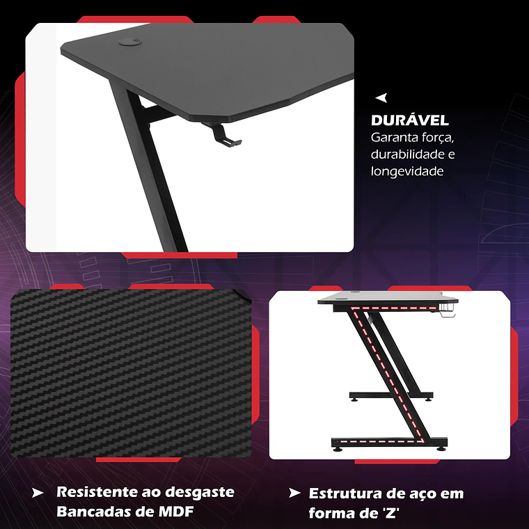 Secretária Gaming 120x65cm | Mesa Escritório com Suporte para Copos, Gancho Fones e Pés Ajustáveis | Preta 4