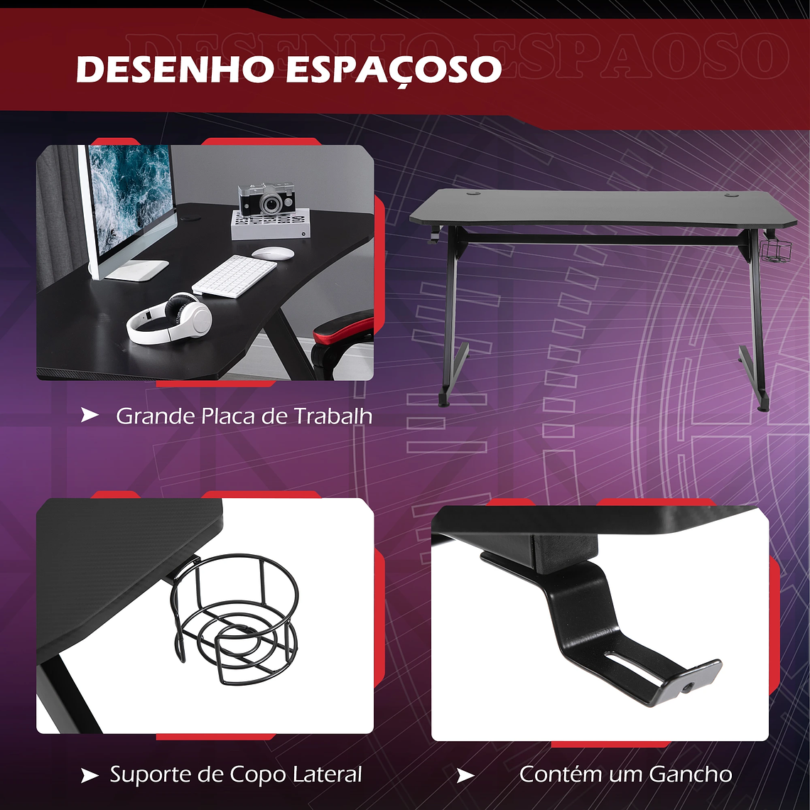 Secretária Gaming 120x65cm | Mesa Escritório com Suporte para Copos, Gancho Fones e Pés Ajustáveis | Preta 3