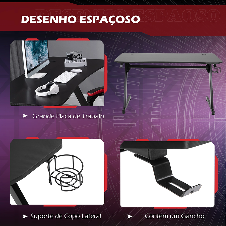 Secretária Gaming 120x65cm | Mesa Escritório com Suporte para Copos, Gancho Fones e Pés Ajustáveis | Preta 3