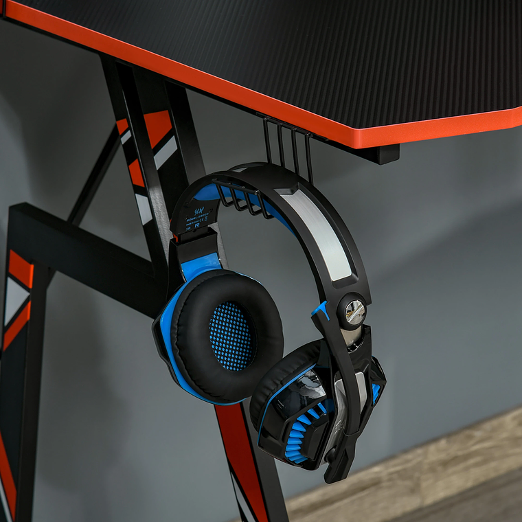 Secretária Gaming Ergonómica com Suporte Elevado para Monitor | Inclui Grades Alto-Falante, Porta-Copos e Gancho | Design Fibra de Carbono 120cm Preto/Vermelho 6