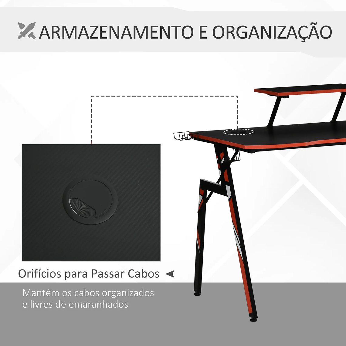 Secretária Gaming Ergonómica com Suporte Elevado para Monitor | Inclui Grades Alto-Falante, Porta-Copos e Gancho | Design Fibra de Carbono 120cm Preto/Vermelho 10
