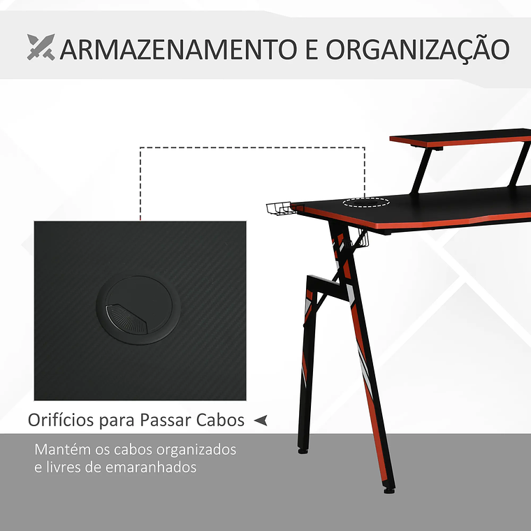 Secretária Gaming Ergonómica com Suporte Elevado para Monitor | Inclui Grades Alto-Falante, Porta-Copos e Gancho | Design Fibra de Carbono 120cm Preto/Vermelho 10