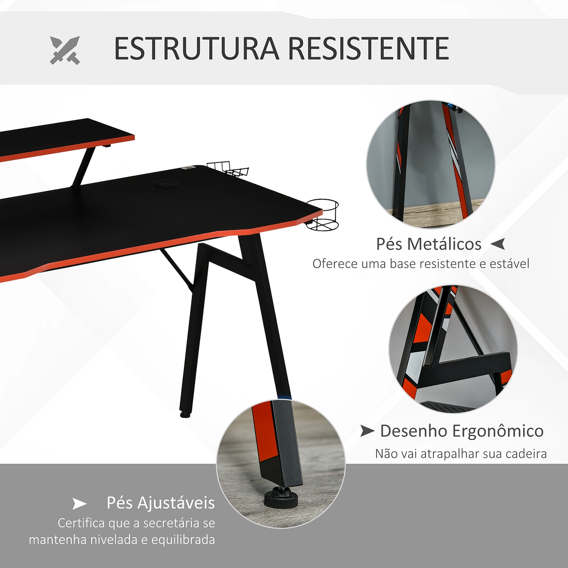 Secretária Gaming Ergonómica com Suporte Elevado para Monitor | Inclui Grades Alto-Falante, Porta-Copos e Gancho | Design Fibra de Carbono 120cm Preto/Vermelho 4