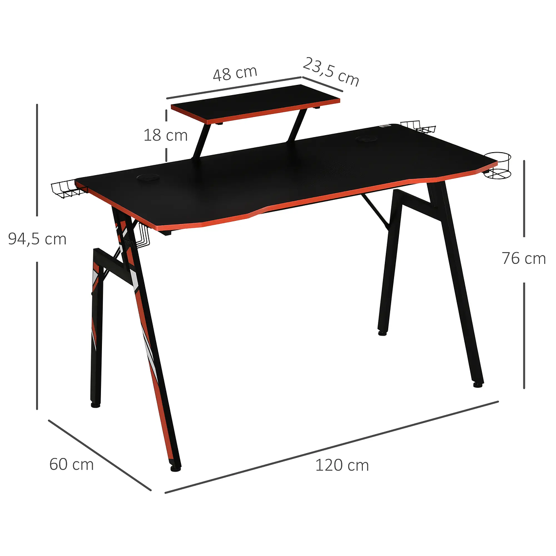Secretária Gaming Ergonómica com Suporte Elevado para Monitor | Inclui Grades Alto-Falante, Porta-Copos e Gancho | Design Fibra de Carbono 120cm Preto/Vermelho 11