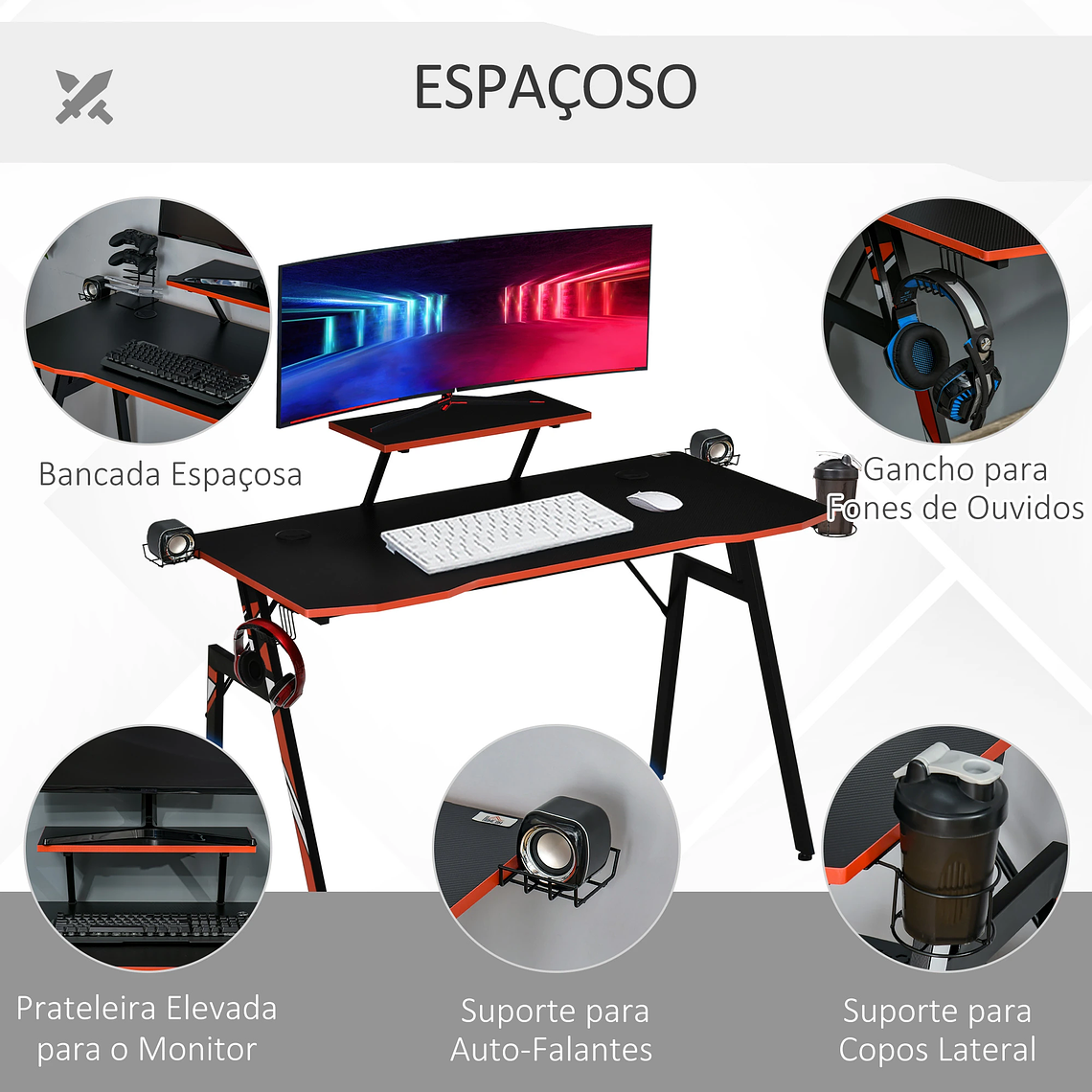 Secretária Gaming Ergonómica com Suporte Elevado para Monitor | Inclui Grades Alto-Falante, Porta-Copos e Gancho | Design Fibra de Carbono 120cm Preto/Vermelho 2