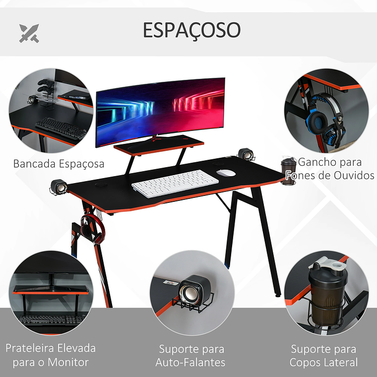 Secretária Gaming Ergonómica com Suporte Elevado para Monitor | Inclui Grades Alto-Falante, Porta-Copos e Gancho | Design Fibra de Carbono 120cm Preto/Vermelho 2