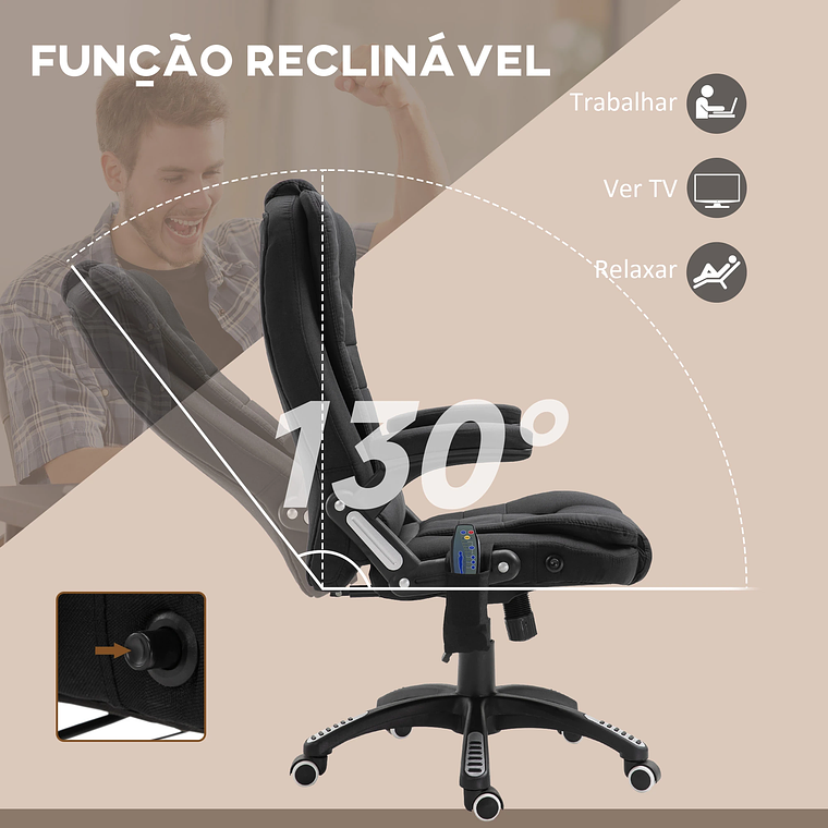 Cadeira de Escritório com Massagem e Aquecimento | 6 Pontos, Reclinação 130°, Apoio Lombar | Vinsetto Ergonómica Preta 7