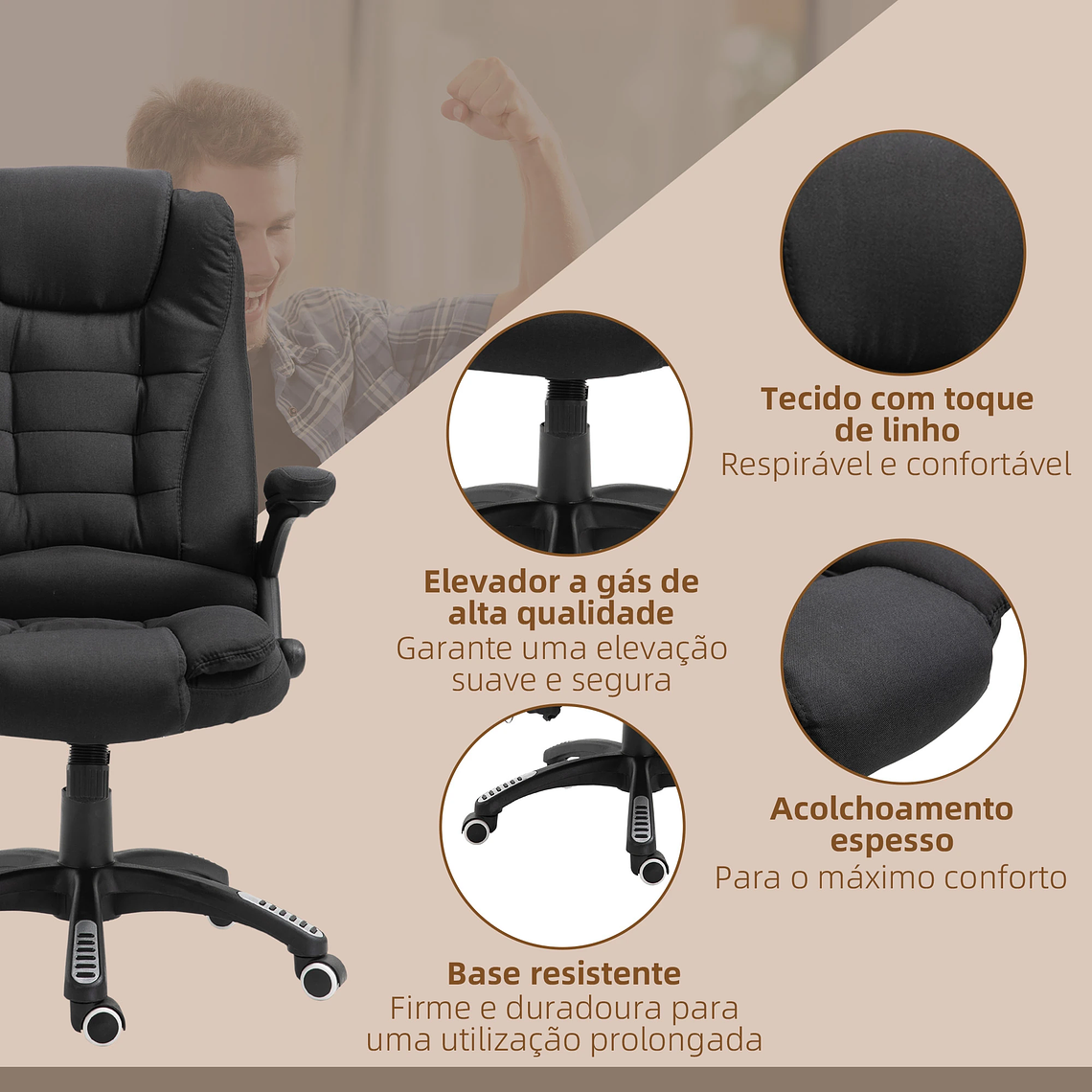 Cadeira de Escritório com Massagem e Aquecimento | 6 Pontos, Reclinação 130°, Apoio Lombar | Vinsetto Ergonómica Preta 8