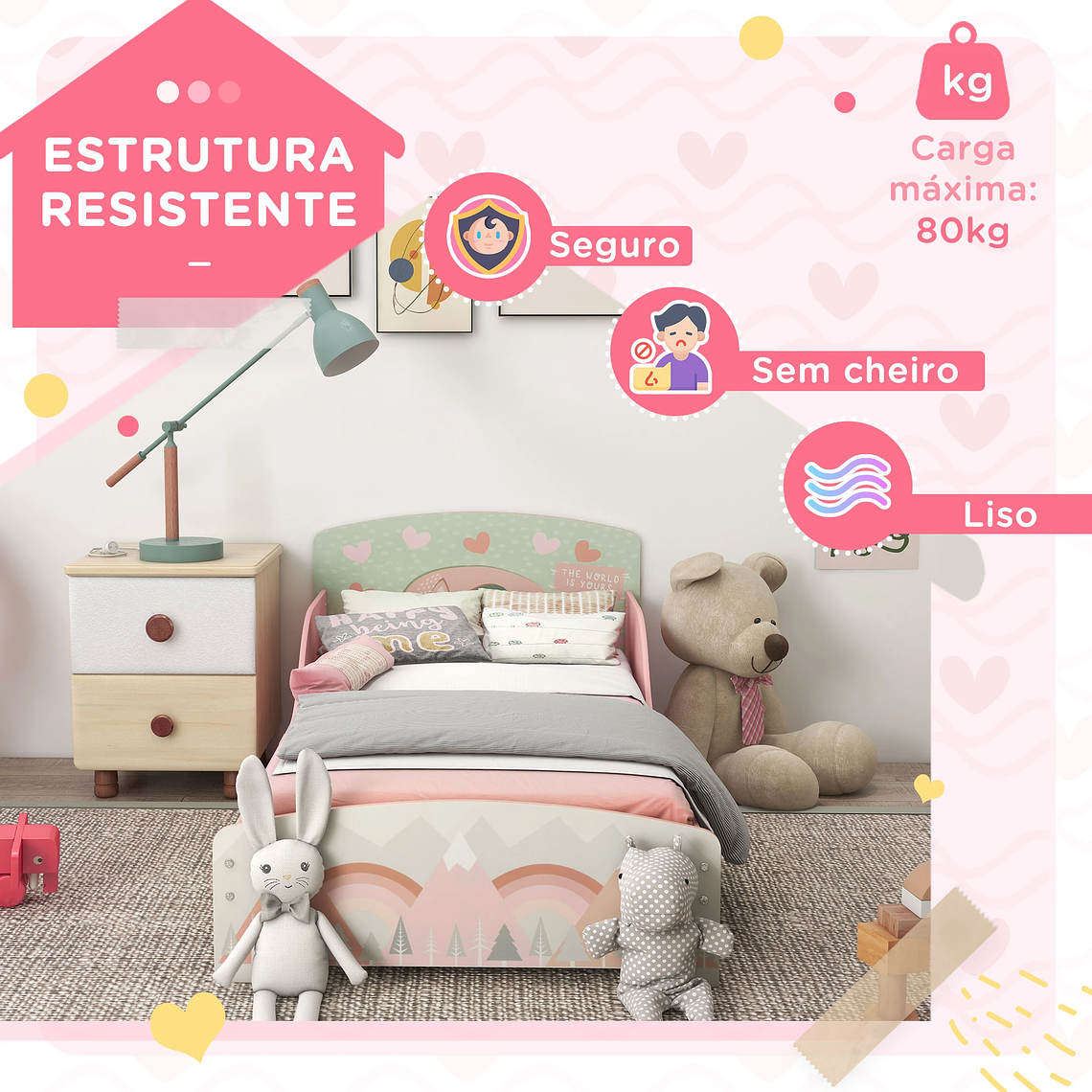Cama Infantil Baixa com Barreiras de Proteção | Design com Estampa Animal, Rosa | Para Colchão 140x70 cm 2