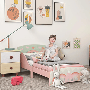 Cama Infantil Baixa com Barreiras de Proteção | Design com Estampa Animal, Rosa | Para Colchão 140x70 cm