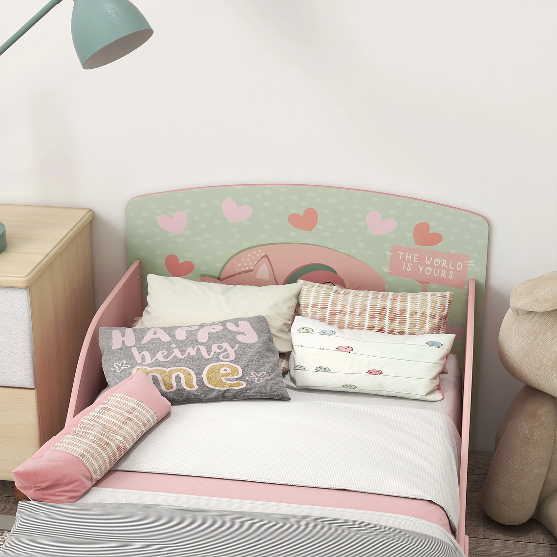 Cama Infantil Baixa com Barreiras de Proteção | Design com Estampa Animal, Rosa | Para Colchão 140x70 cm 5