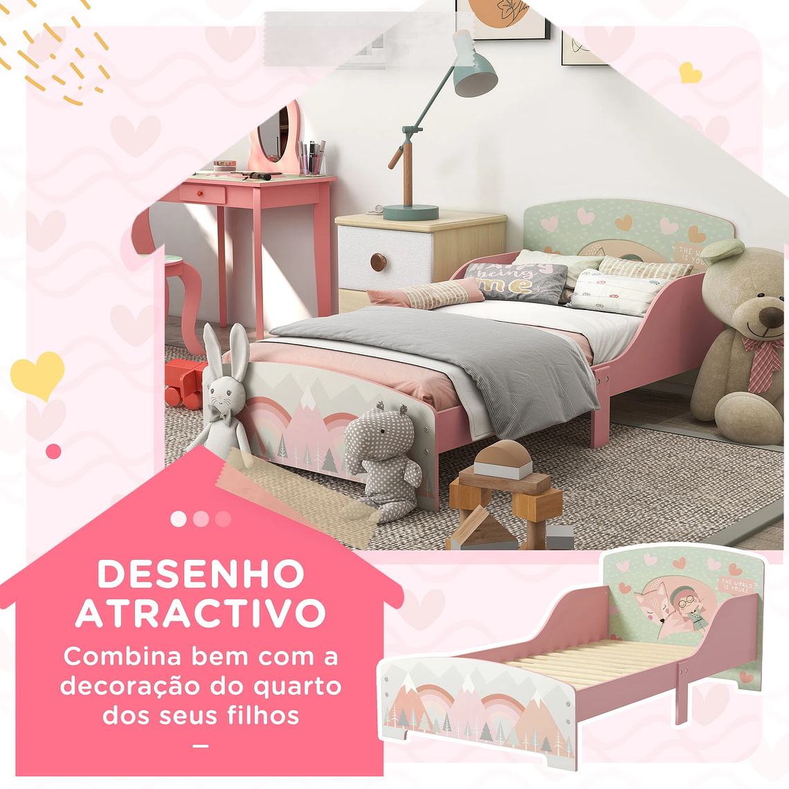 Cama Infantil Baixa com Barreiras de Proteção | Design com Estampa Animal, Rosa | Para Colchão 140x70 cm 6
