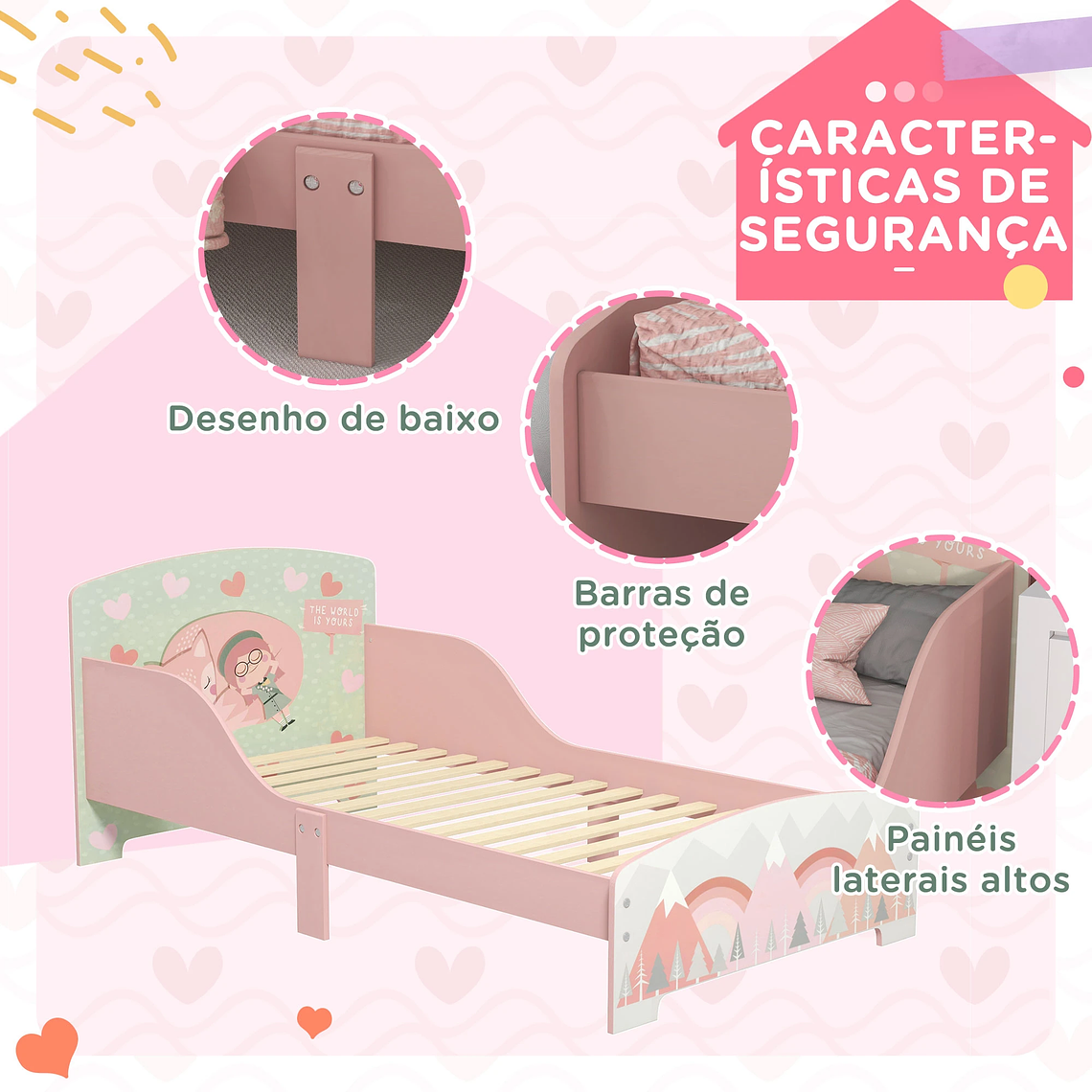 Cama Infantil Baixa com Barreiras de Proteção | Design com Estampa Animal, Rosa | Para Colchão 140x70 cm 3