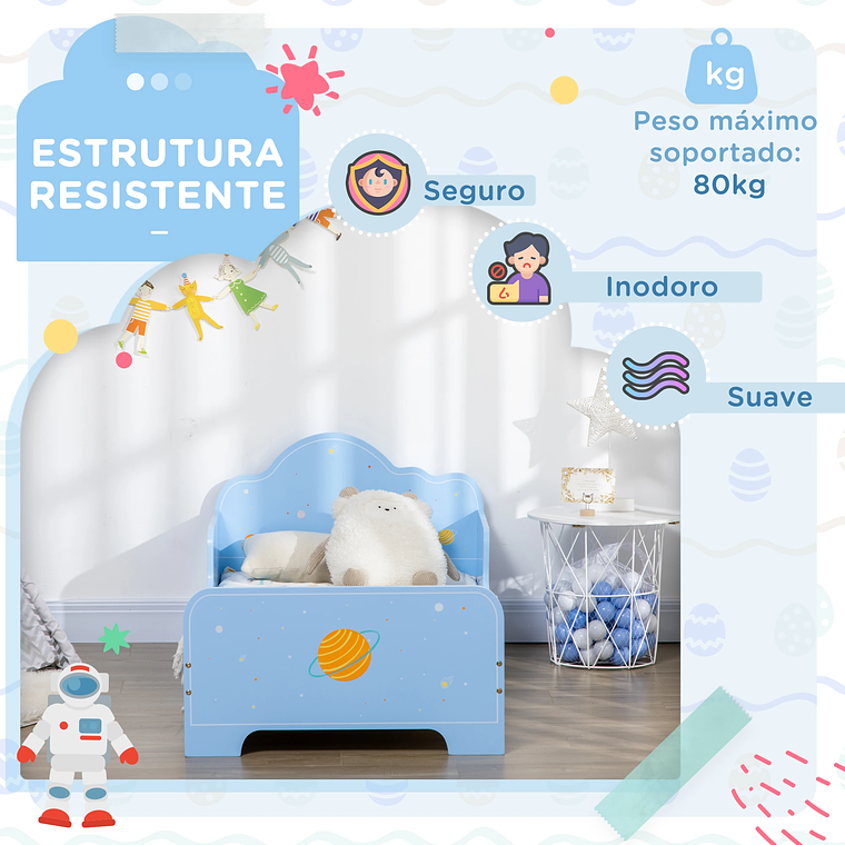 Cama Infantil Espacial com Barreiras | Tema Foguete e Planetas, Azul | Para 3 a 6 Anos, Colchão 140x70cm 3