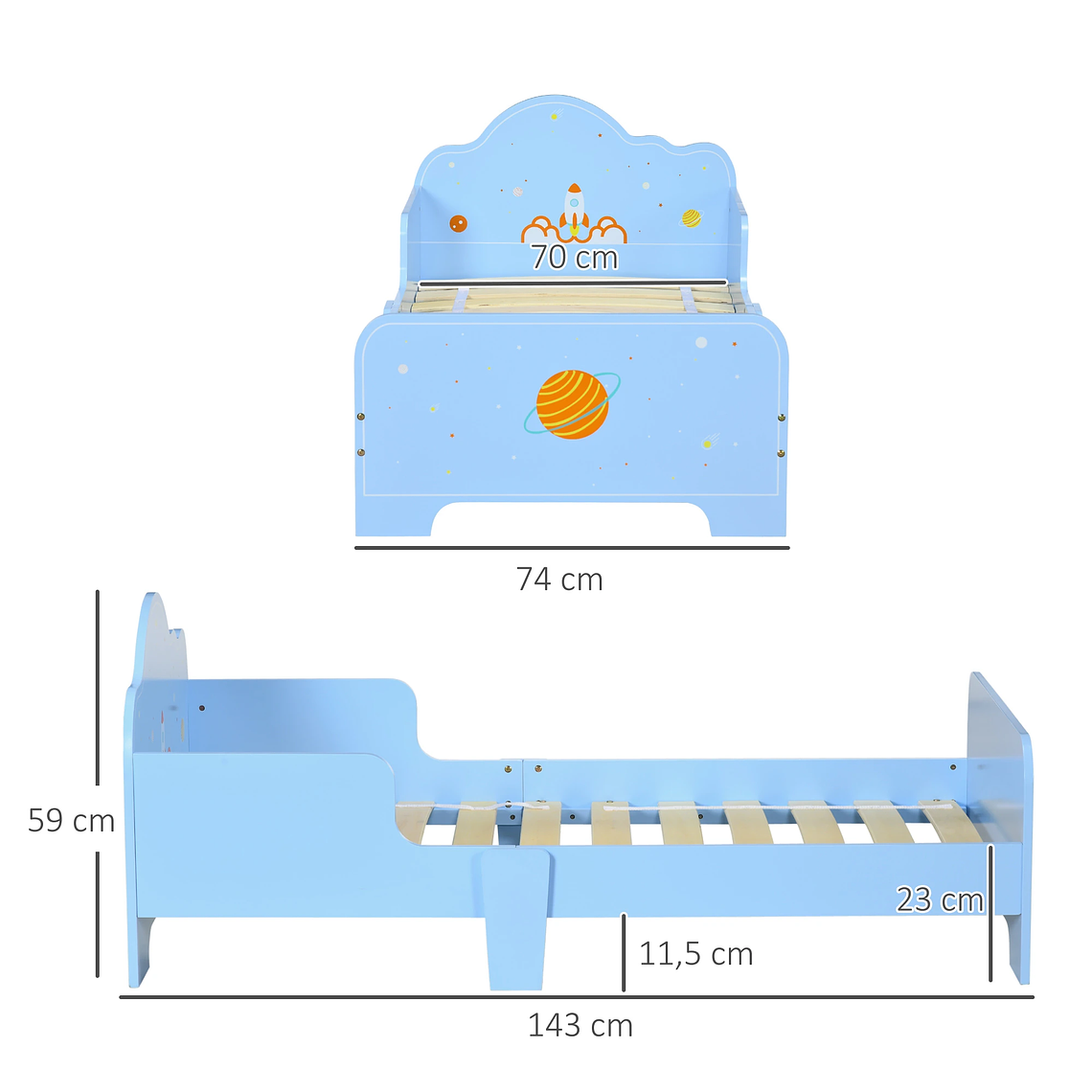Cama Infantil Espacial com Barreiras | Tema Foguete e Planetas, Azul | Para 3 a 6 Anos, Colchão 140x70cm 11