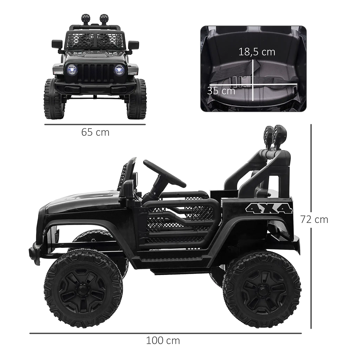 Carro Elétrico Infantil 12V com Controlo Remoto 2.4G | 2 Motores, Faróis, Buzina | Para +3 Anos, 30kg, Preto 4