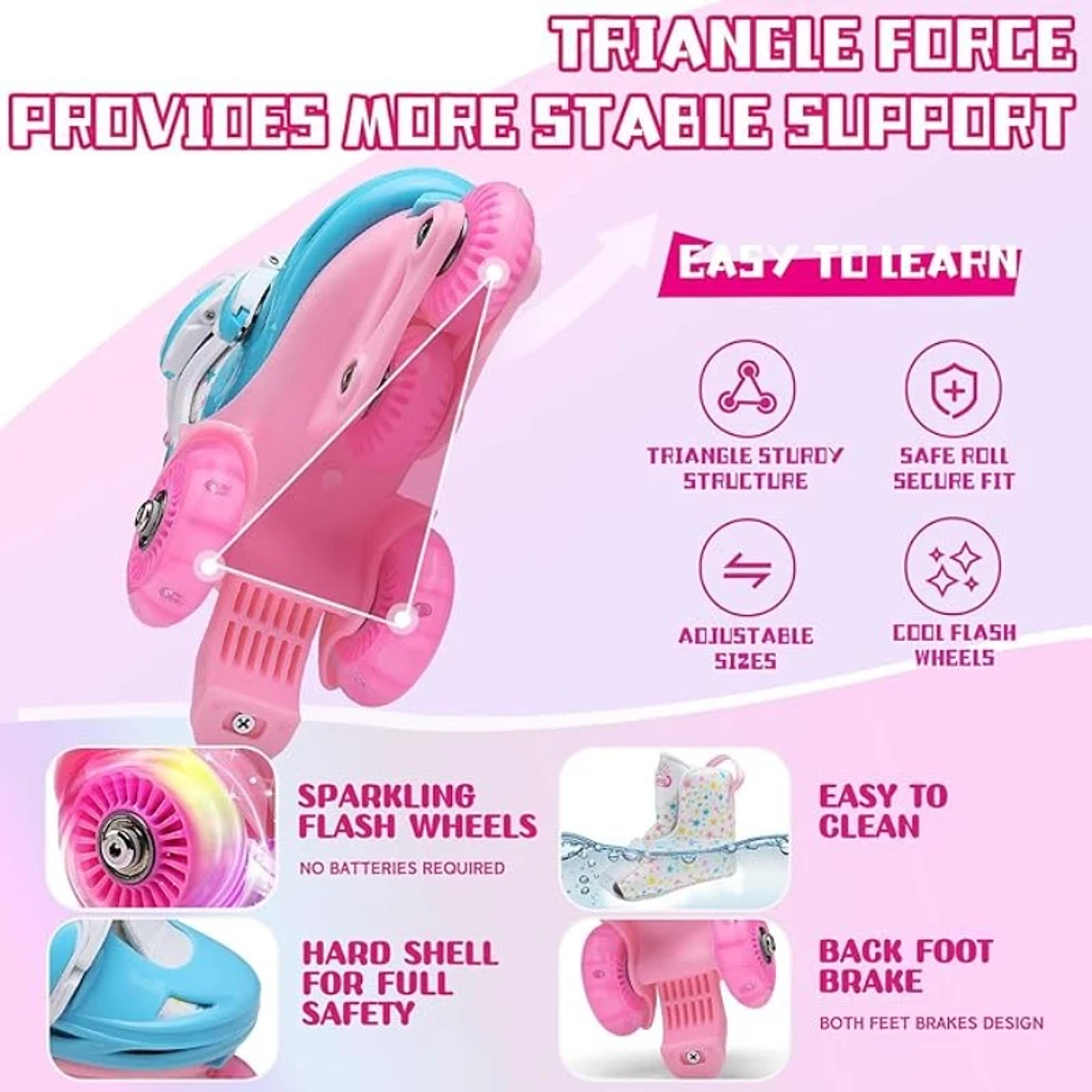 Patins Dupla Fileira Brilhantes para Crianças | Patins 4 Rodas Ajustáveis com Luzes para Iniciantes, Unissex 2
