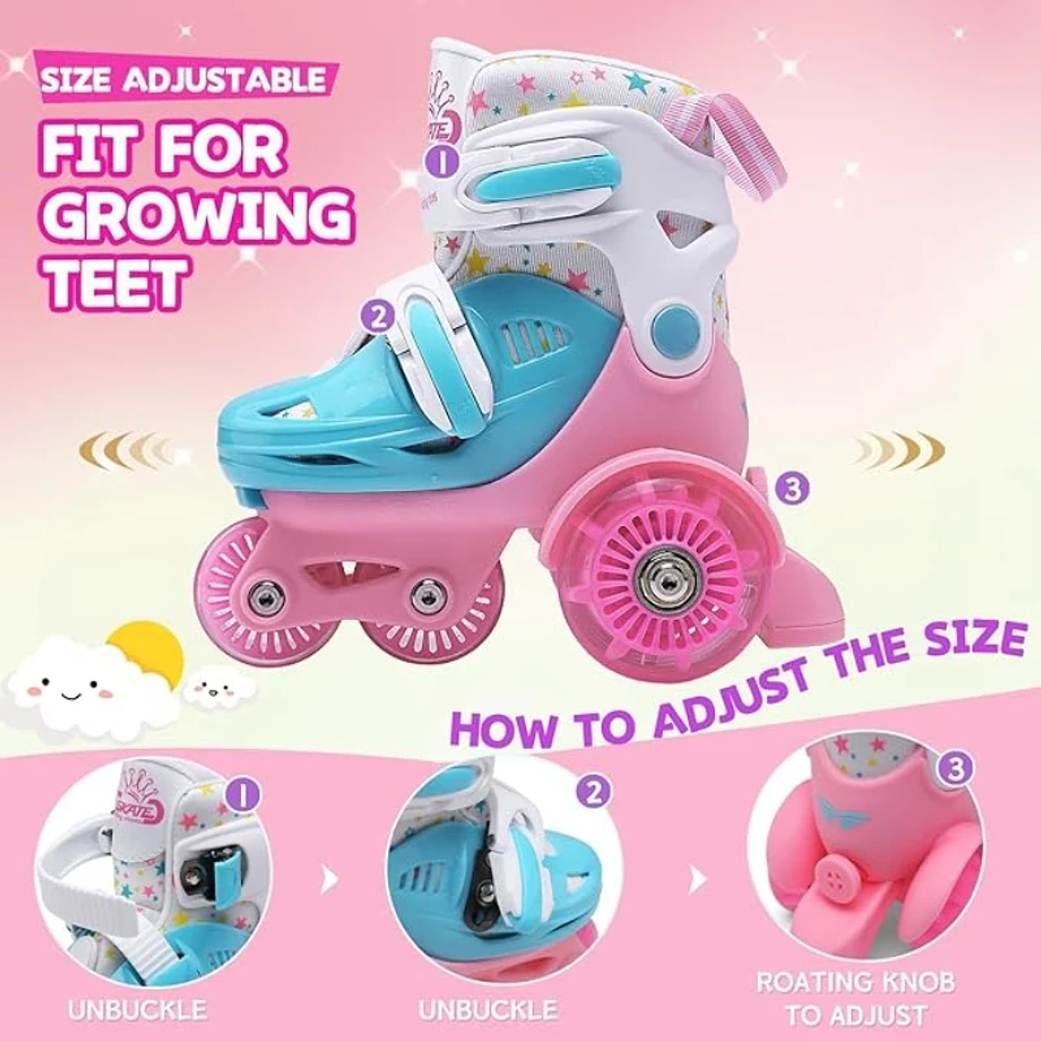 Patins Dupla Fileira Brilhantes para Crianças | Patins 4 Rodas Ajustáveis com Luzes para Iniciantes, Unissex 3