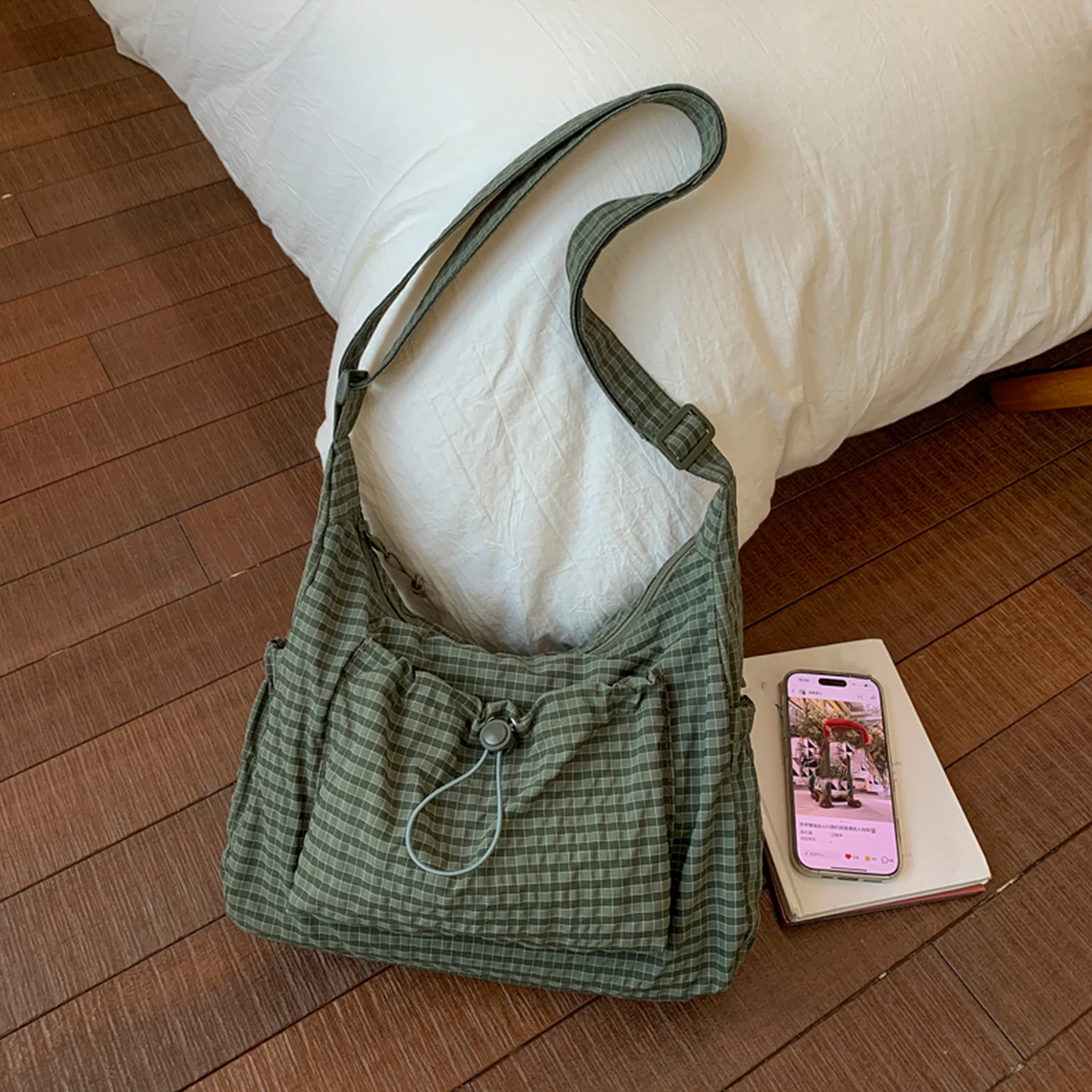 Checkered Nylon Shoulder Bag with Drawstring | Large Capacity Cloud Pleat Sling Bag for Women 7