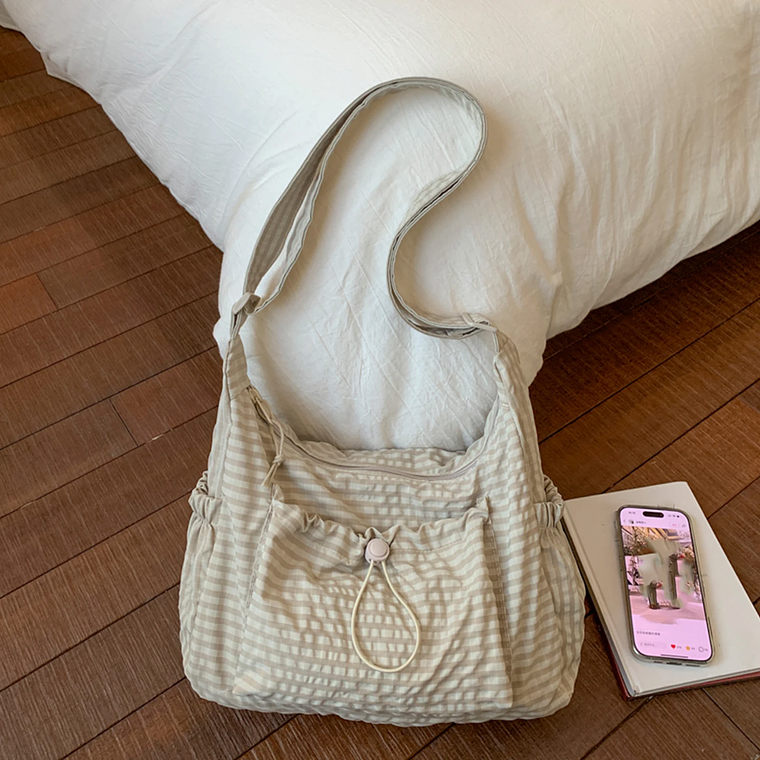 Checkered Nylon Shoulder Bag with Drawstring | Large Capacity Cloud Pleat Sling Bag for Women 9