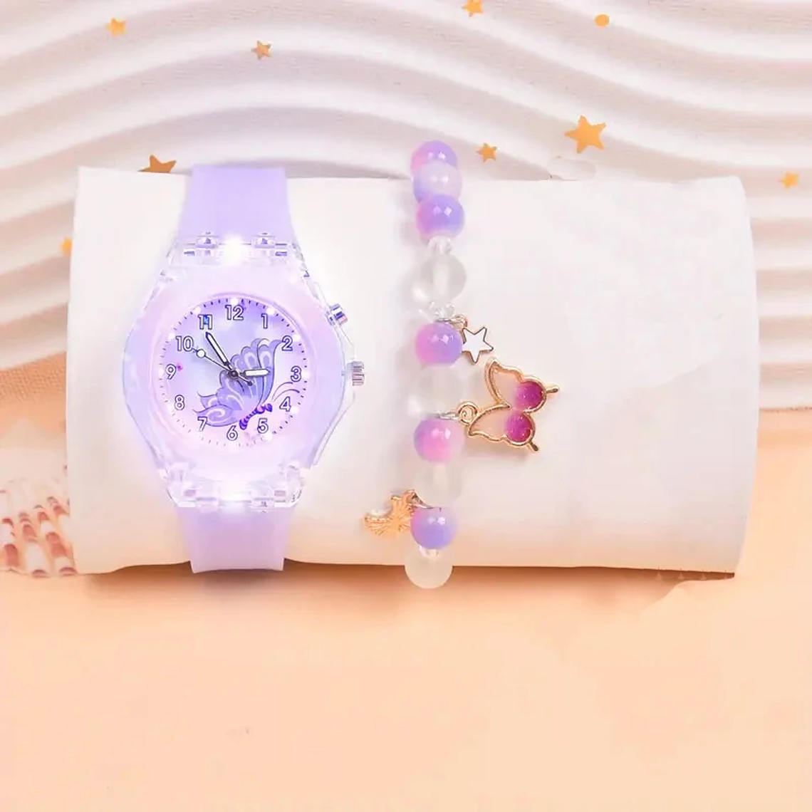 Conjunto Relógio Borboleta Luminoso + Pulseira de Contas | Silicone, Mostrador Borboleta | Moda e Casual 4