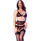 4-Piece Lingerie Set Chilirose Black GG | Bra, Thong, Garter Belt and Stockings | Lace with Red Kiss - thumbnail 1