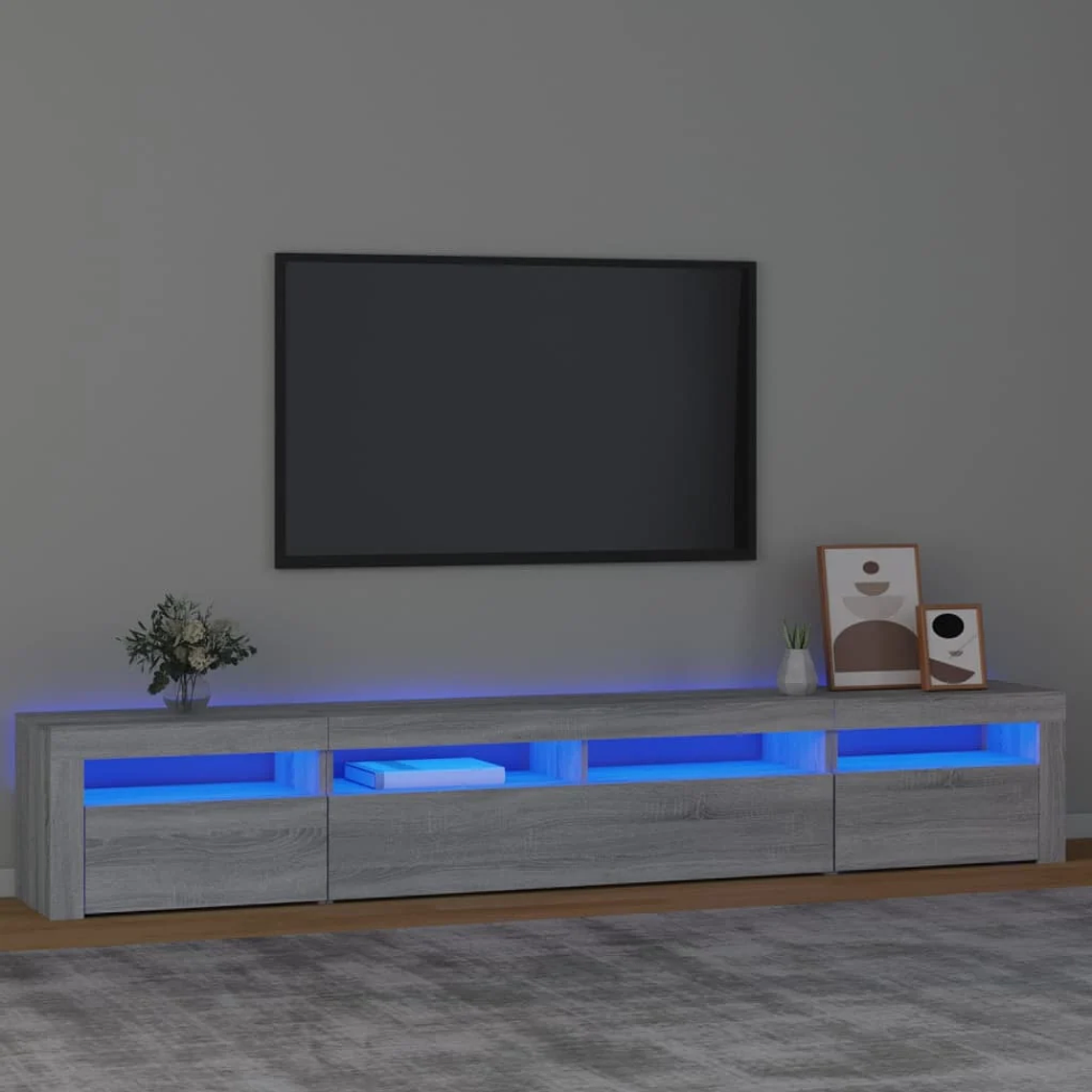 240 cm TV stand with RGB LED lights | Modern white TV cabinet with decorative lighting 14