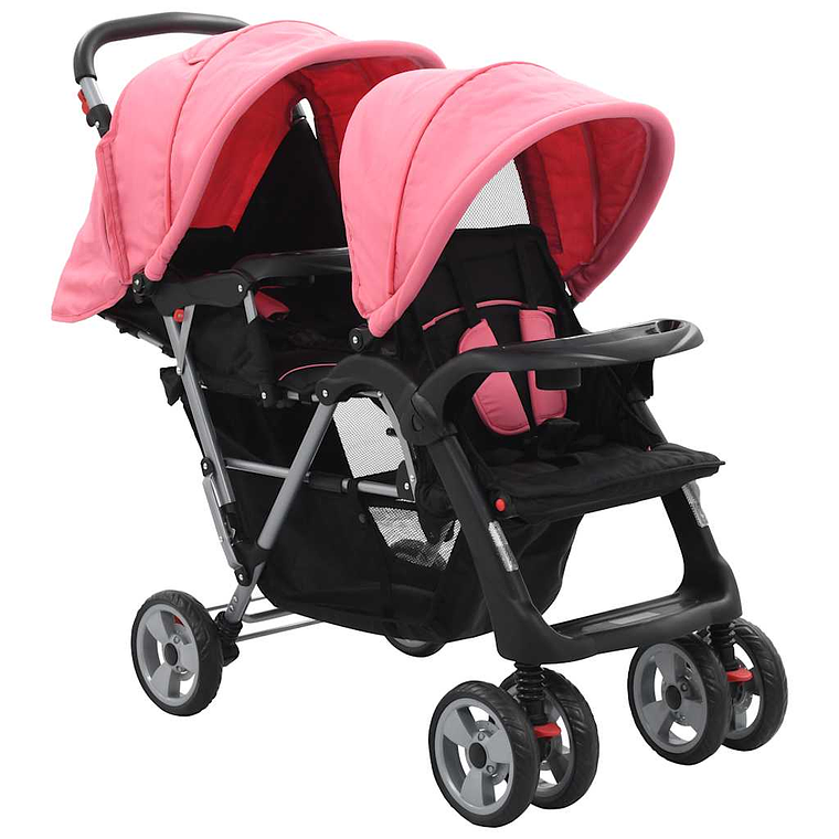 Twin Stroller in Pink and Black Steel | Double, Safe and Compact 1