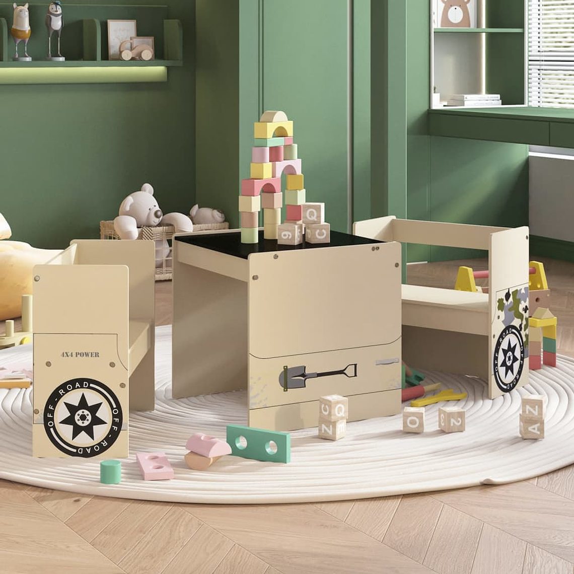 vidaXL 3 pcs mesa e cadeiras infantil design carro todo-o-terreno MDF 1