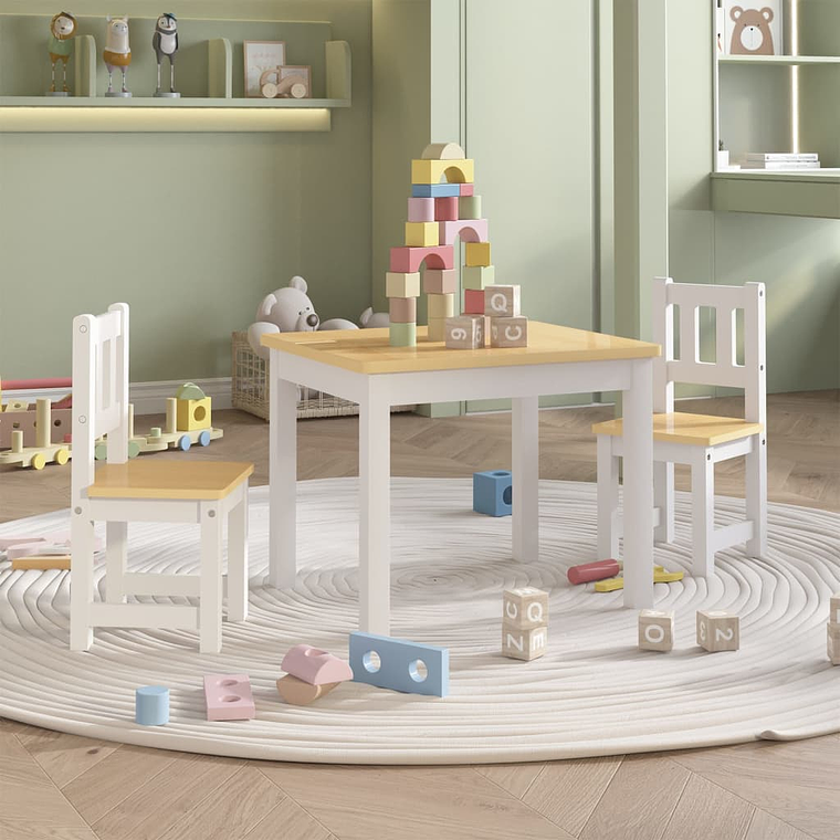 vidaXL 3 pcs conjunto mesa e cadeiras infantil MDF branco e bege 1