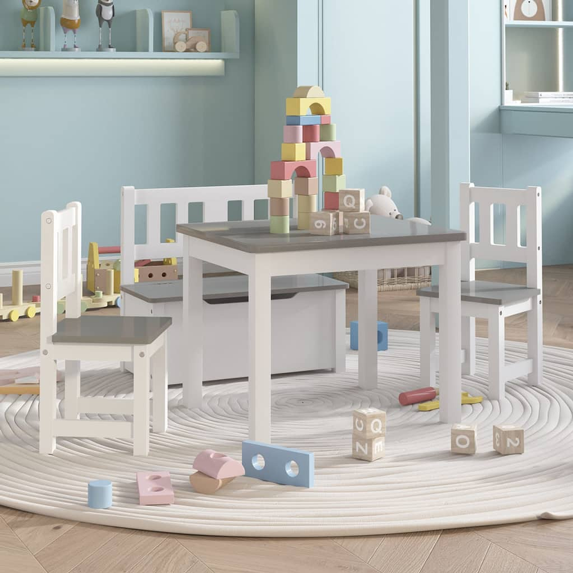 vidaXL 4 pcs conjunto mesa e cadeiras infantil MDF branco e cinzento 1