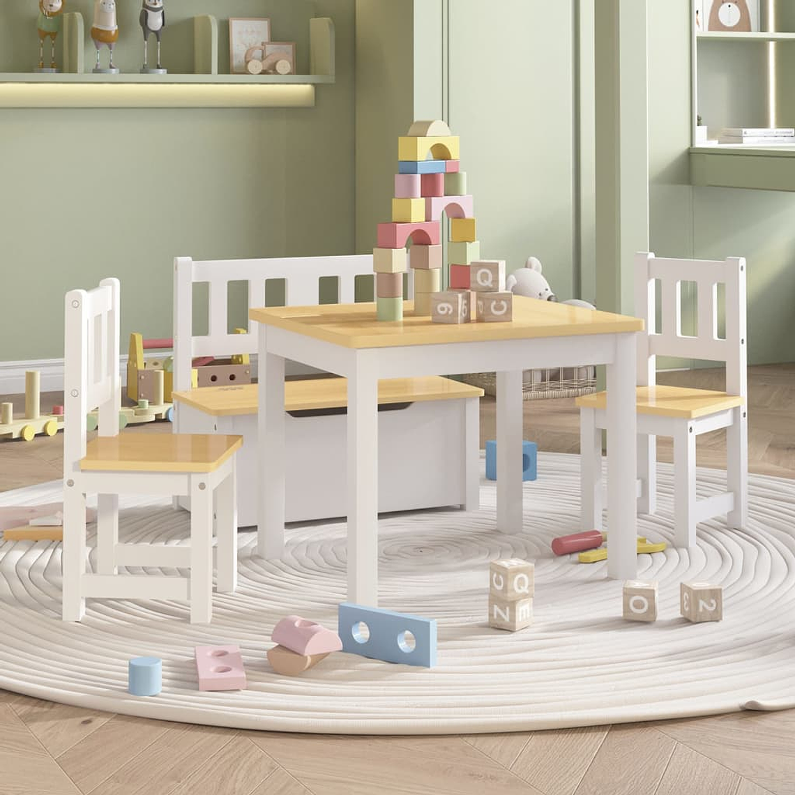 vidaXL 4 pcs conjunto mesa e cadeiras infantil MDF branco e bege 1