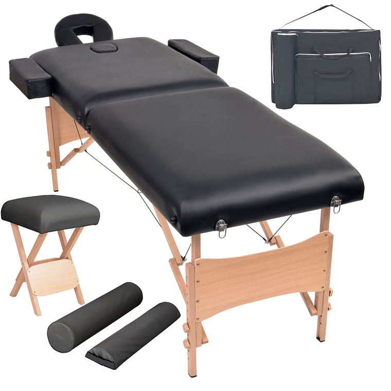 vidaXL Mesa massagem dobrável 2 zonas + banco 10 cm espessura preto 2